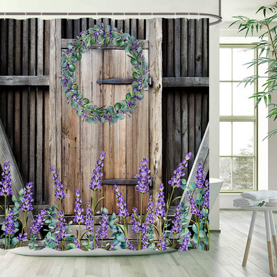 Vintage zavjesa za tuširanje od drvenih dasaka Rustikalna vrata štale na farmi Drveni kotač Zeleno lišće Retro zavjese za kupaonicu Dekoracija kupaonice s kukama
