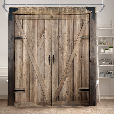 Vintage zavjesa za tuširanje od drvenih dasaka Rustikalna vrata štale na farmi Drveni kotač Zeleno lišće Retro zavjese za kupaonicu Dekoracija kupaonice s kukama