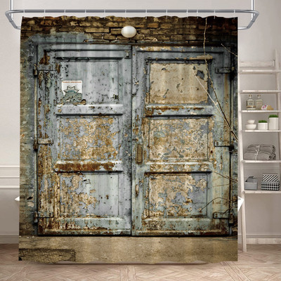 Vintage zavjesa za tuširanje od drvenih dasaka Rustikalna vrata štale na farmi Drveni kotač Zeleno lišće Retro zavjese za kupaonicu Dekoracija kupaonice s kukama