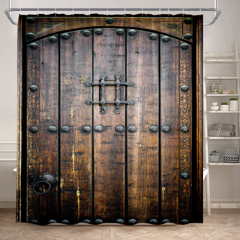 Vintage zavjesa za tuširanje od drvenih dasaka Rustikalna vrata štale na farmi Drveni kotač Zeleno lišće Retro zavjese za kupaonicu Dekoracija kupaonice s kukama