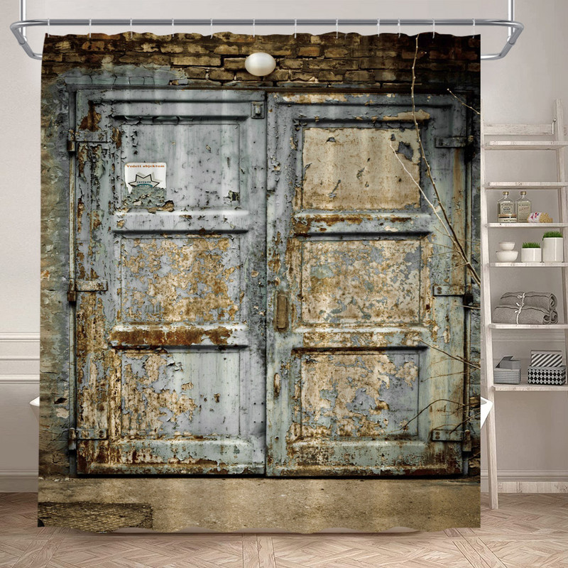 Vintage zavjesa za tuširanje od drvenih dasaka Rustikalna vrata štale na farmi Drveni kotač Zeleno lišće Retro zavjese za kupaonicu Dekoracija kupaonice s kukama