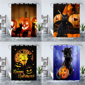 Smieklīgs jauks kaķu dušas aizkars Halovīni ķirbju dekors Vannas ekrāns dušas nodalījums Ūdensizturīgs poliestera vannas aizkars Cortina