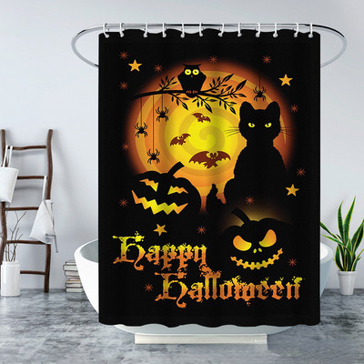 Smieklīgs jauks kaķu dušas aizkars Halovīni ķirbju dekors Vannas ekrāns dušas nodalījums Ūdensizturīgs poliestera vannas aizkars Cortina