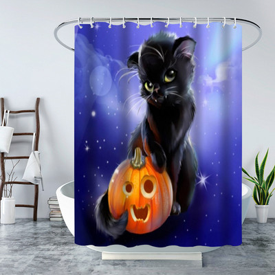 Smieklīgs jauks kaķu dušas aizkars Halovīni ķirbju dekors Vannas ekrāns dušas nodalījums Ūdensizturīgs poliestera vannas aizkars Cortina