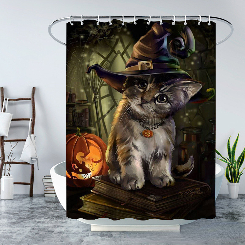 Smieklīgs jauks kaķu dušas aizkars Halovīni ķirbju dekors Vannas ekrāns dušas nodalījums Ūdensizturīgs poliestera vannas aizkars Cortina