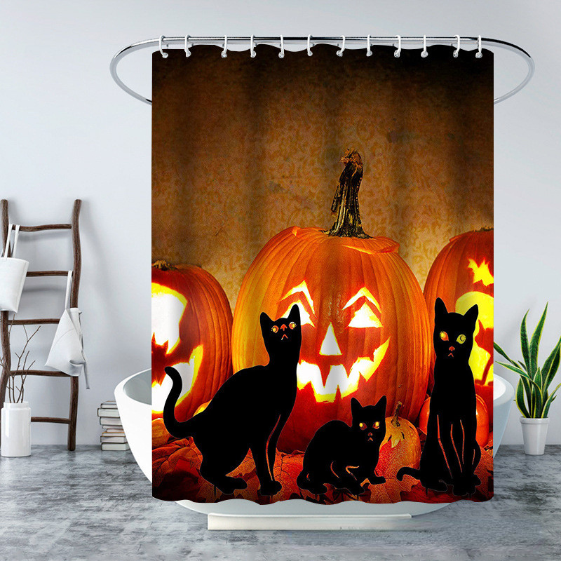 Smieklīgs jauks kaķu dušas aizkars Halovīni ķirbju dekors Vannas ekrāns dušas nodalījums Ūdensizturīgs poliestera vannas aizkars Cortina