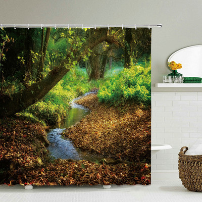 Šumski prirodni krajolik Zavjese za tuširanje Visokokvalitetne vodootporne paravane za kadu Stablo Drveni most Pejzaž Kupaonski pribor Dekoracija