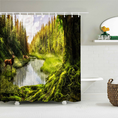 Šumski prirodni krajolik Zavjese za tuširanje Visokokvalitetne vodootporne paravane za kadu Stablo Drveni most Pejzaž Kupaonski pribor Dekoracija