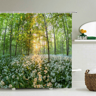 Šumski prirodni krajolik Zavjese za tuširanje Visokokvalitetne vodootporne paravane za kadu Stablo Drveni most Pejzaž Kupaonski pribor Dekoracija