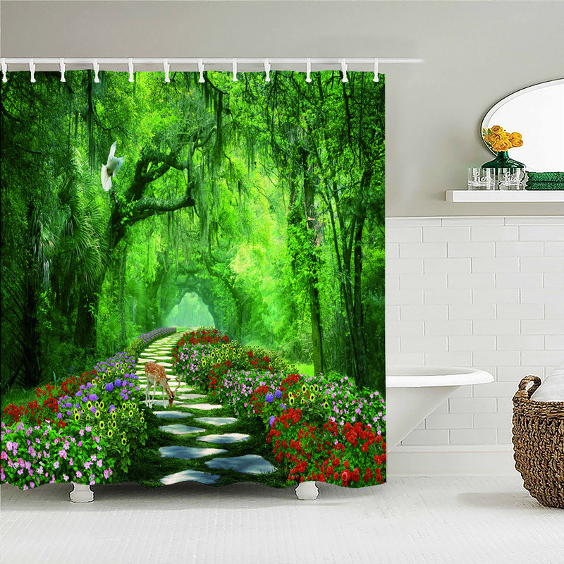 Šumski prirodni krajolik Zavjese za tuširanje Visokokvalitetne vodootporne paravane za kadu Stablo Drveni most Pejzaž Kupaonski pribor Dekoracija