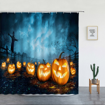 Skeleton Fall Pumpkin Κουρτίνα ντους Halloween Διακόσμηση σπιτιού Skull Castle Witch Horror Forest Landscape αδιάβροχη κουρτίνα μπάνιου