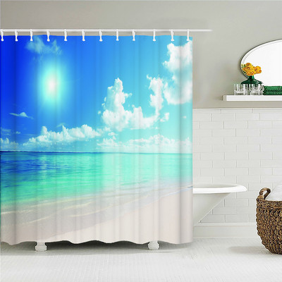 3D drukātas pludmales ainavas dušas aizkars zaļas augu lapas dabas ainava ūdensizturīgs poliesters mājas dekors vannas istabas aksesuāri