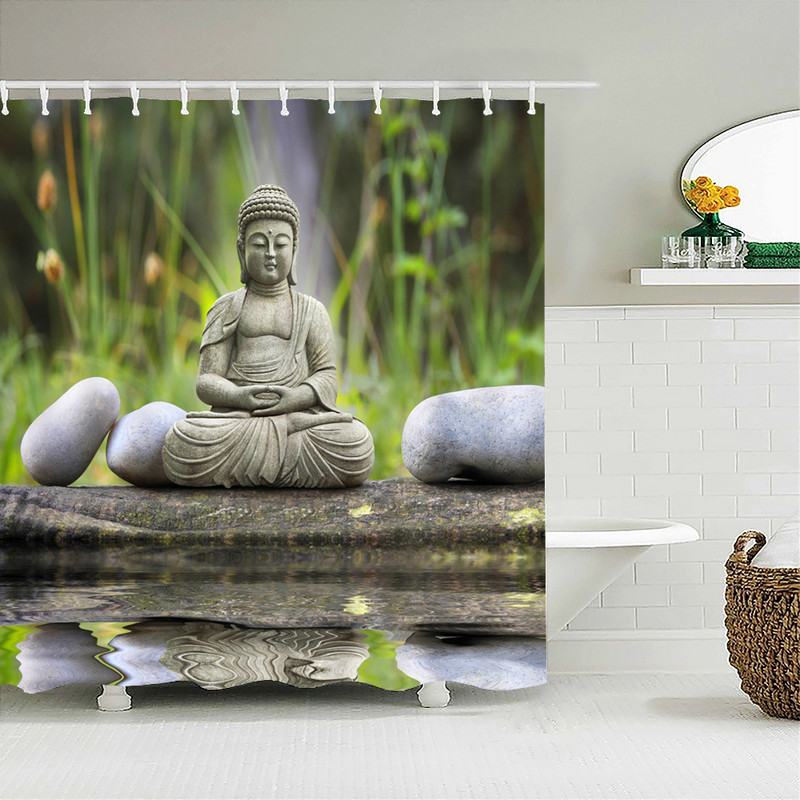 Buddha Zen Stone Lotus Pejzažna zavjesa za tuširanje 3D Print Garden Decor Screen Screen Vodootporna poliesterska tkanina Komplet kupaonskog pribora
