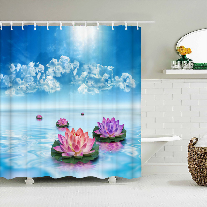 Buddha Zen Stone Lotus Pejzažna zavjesa za tuširanje 3D Print Garden Decor Screen Screen Vodootporna poliesterska tkanina Komplet kupaonskog pribora