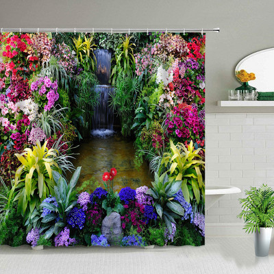 Φρέσκα λουλούδια κουρτίνα μπάνιου Καλοκαιρινό φυσικό τοπίο Διακόσμηση τοίχου Αδιάβροχο ύφασμα Μπανιέρα Μπανιέρα Cortina Baño