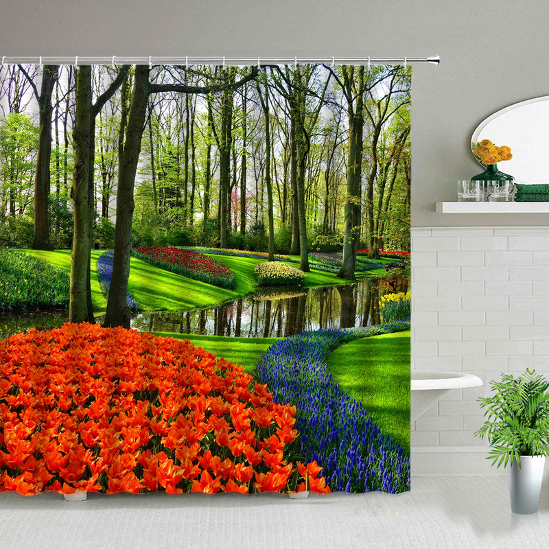 Svježi cvijet Zavjesa za tuš Ljeto Prirodni krajolik Pozadina Zidni dekor Vodootporna tkanina Kupaonska kada Zaslon Cortina Baño
