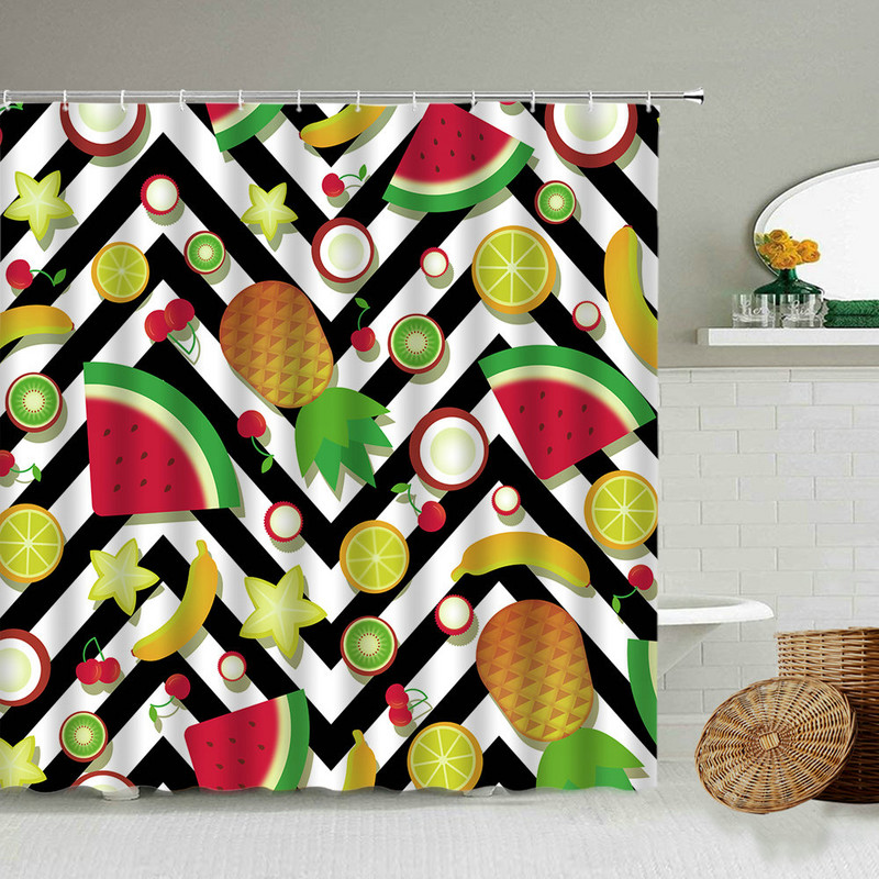 Zavjesa za tuširanje, biljka tropskog voća, crtani film, lubenica, jagoda, ananas, boja trešnje, kreativni vodootporni zaslon za kupaonicu