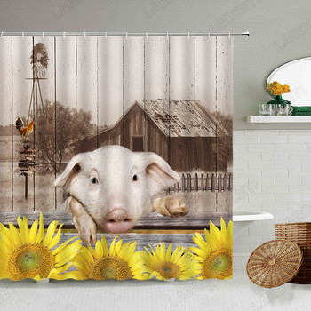 Κουρτίνα ντους κοτόπουλου κότας Πουλερικά ζώα Ρετρό τοίχος από τούβλα Εξοχική αγροικία Διακόσμηση μπάνιου Αδιάβροχη οθόνη με γάντζους