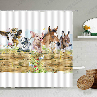 Piletina Kokoš Zavjesa za tuširanje Perad Perad Životinje Retro zid od cigle Seoska seoska kuća Dekoracija kupaonice Vodootporni paravan s kukama