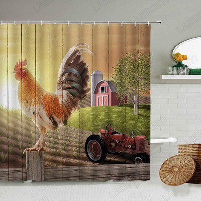 Piletina Kokoš Zavjesa za tuširanje Perad Perad Životinje Retro zid od cigle Seoska seoska kuća Dekoracija kupaonice Vodootporni paravan s kukama