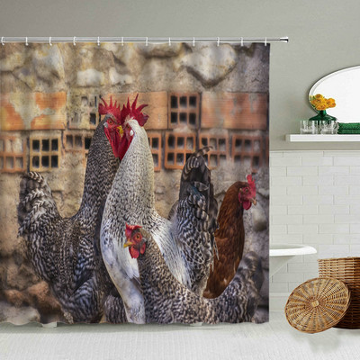 Piletina Kokoš Zavjesa za tuširanje Perad Perad Životinje Retro zid od cigle Seoska seoska kuća Dekoracija kupaonice Vodootporni paravan s kukama