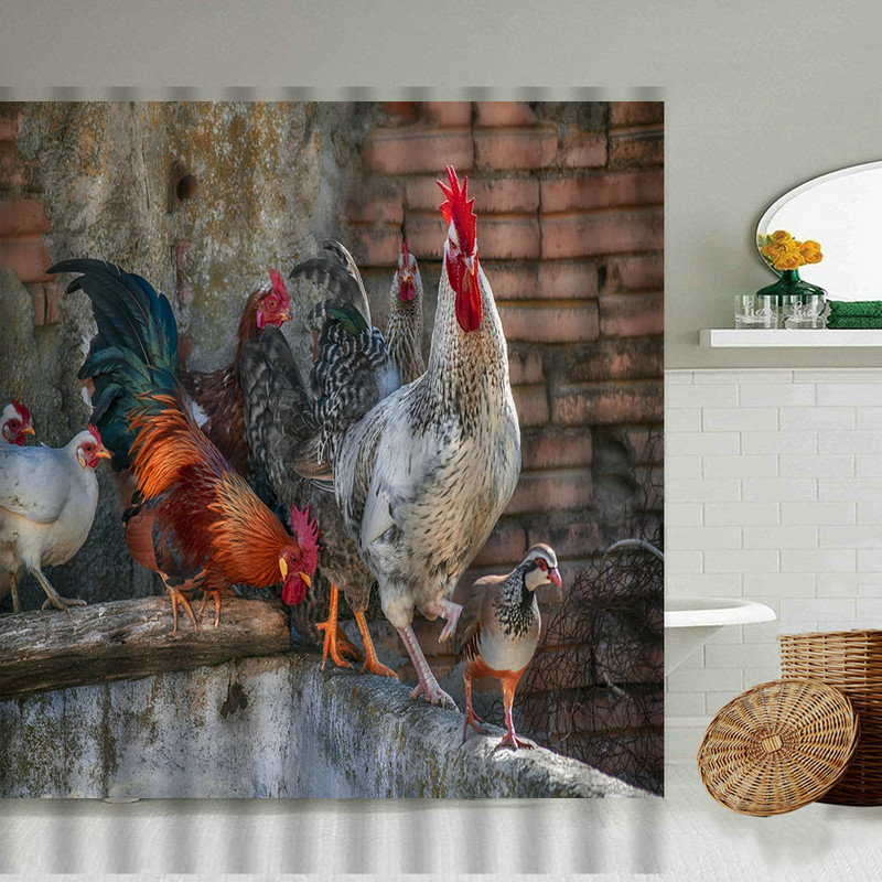 Piletina Kokoš Zavjesa za tuširanje Perad Perad Životinje Retro zid od cigle Seoska seoska kuća Dekoracija kupaonice Vodootporni paravan s kukama