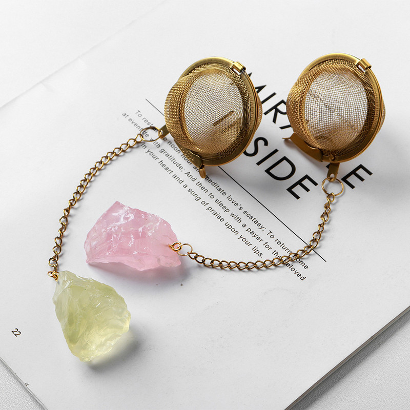 1PC Естествен кристал, необработен камък 304 злато от неръждаема стомана, филтър за чай, розов кварц, декорация, занаяти, лечебни рейки, подаръци, занаяти