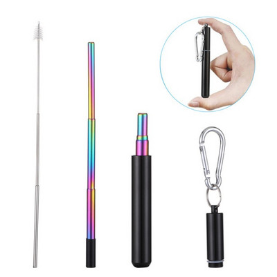 Atkārtoti lietojami nerūsējošā tērauda salmiņi ar alumīnija atslēgu piekariņu korpusa tīrīšanas birsti Saliekama teleskopiska pārnēsājama dzeršana