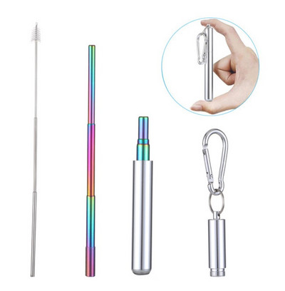 Atkārtoti lietojami nerūsējošā tērauda salmiņi ar alumīnija atslēgu piekariņu korpusa tīrīšanas birsti Saliekama teleskopiska pārnēsājama dzeršana