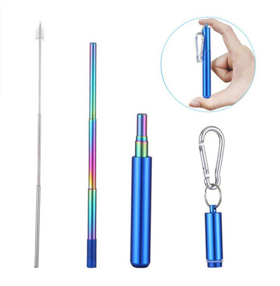 Atkārtoti lietojami nerūsējošā tērauda salmiņi ar alumīnija atslēgu piekariņu korpusa tīrīšanas birsti Saliekama teleskopiska pārnēsājama dzeršana