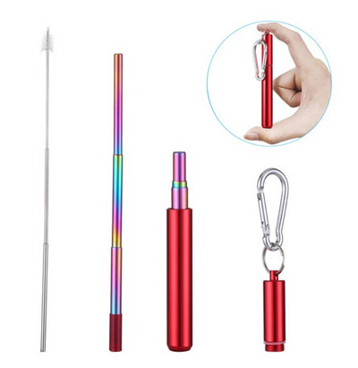 Atkārtoti lietojami nerūsējošā tērauda salmiņi ar alumīnija atslēgu piekariņu korpusa tīrīšanas birsti Saliekama teleskopiska pārnēsājama dzeršana