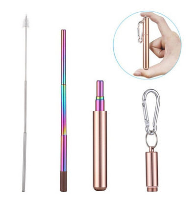 Atkārtoti lietojami nerūsējošā tērauda salmiņi ar alumīnija atslēgu piekariņu korpusa tīrīšanas birsti Saliekama teleskopiska pārnēsājama dzeršana