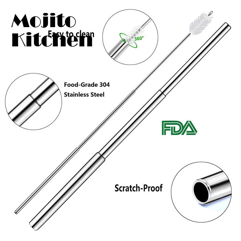 Atkārtoti lietojami nerūsējošā tērauda salmiņi ar alumīnija atslēgu piekariņu korpusa tīrīšanas birsti Saliekama teleskopiska pārnēsājama dzeršana