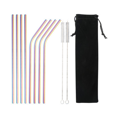 Varavīksnes krāsas atkārtoti lietojamu metāla salmiņu komplekts ar tīrīšanas otu 304 nerūsējošā tērauda dzeramo salmu pienu dzērienu bāra piederumu ballītei