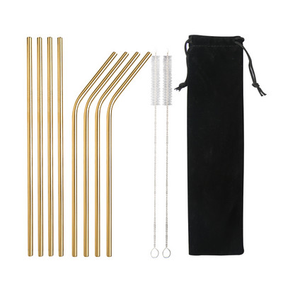 Varavīksnes krāsas atkārtoti lietojamu metāla salmiņu komplekts ar tīrīšanas otu 304 nerūsējošā tērauda dzeramo salmu pienu dzērienu bāra piederumu ballītei