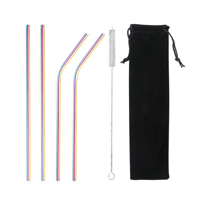 Varavīksnes krāsas atkārtoti lietojamu metāla salmiņu komplekts ar tīrīšanas otu 304 nerūsējošā tērauda dzeramo salmu pienu dzērienu bāra piederumu ballītei