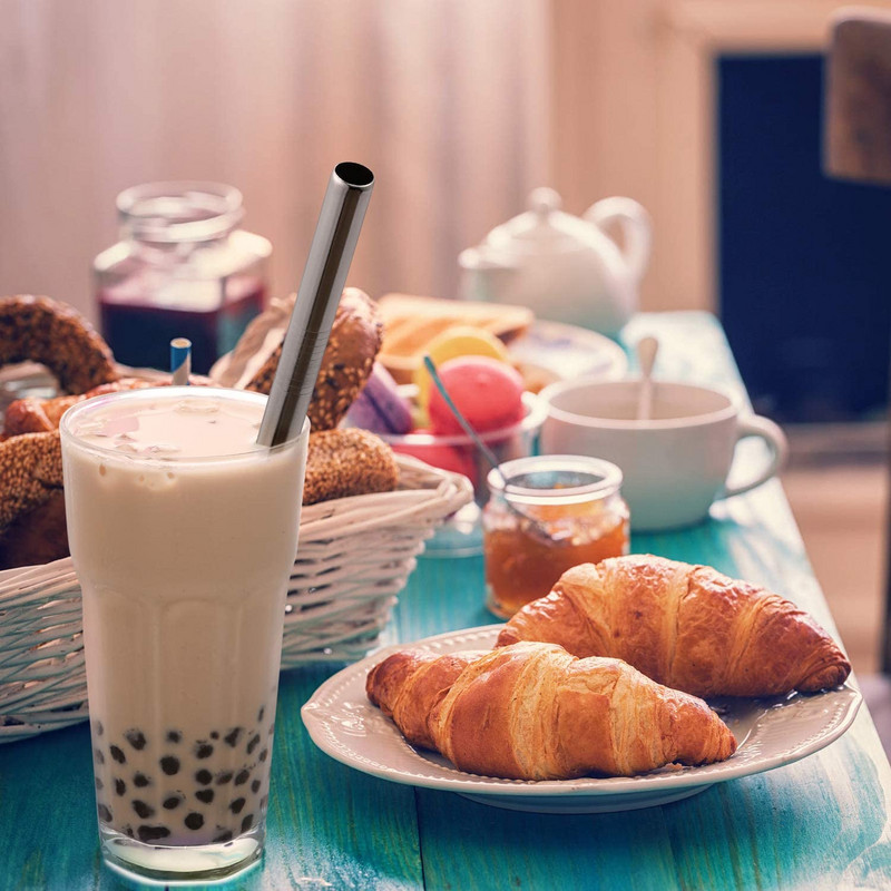 1gab Atkārtoti lietojami dzeramā salmiņi 304 nerūsējošā tērauda salmiņi 12mm plati metāla salmiņi Milkshake burbuļu tējas salmiņi ar tīrīšanas otu