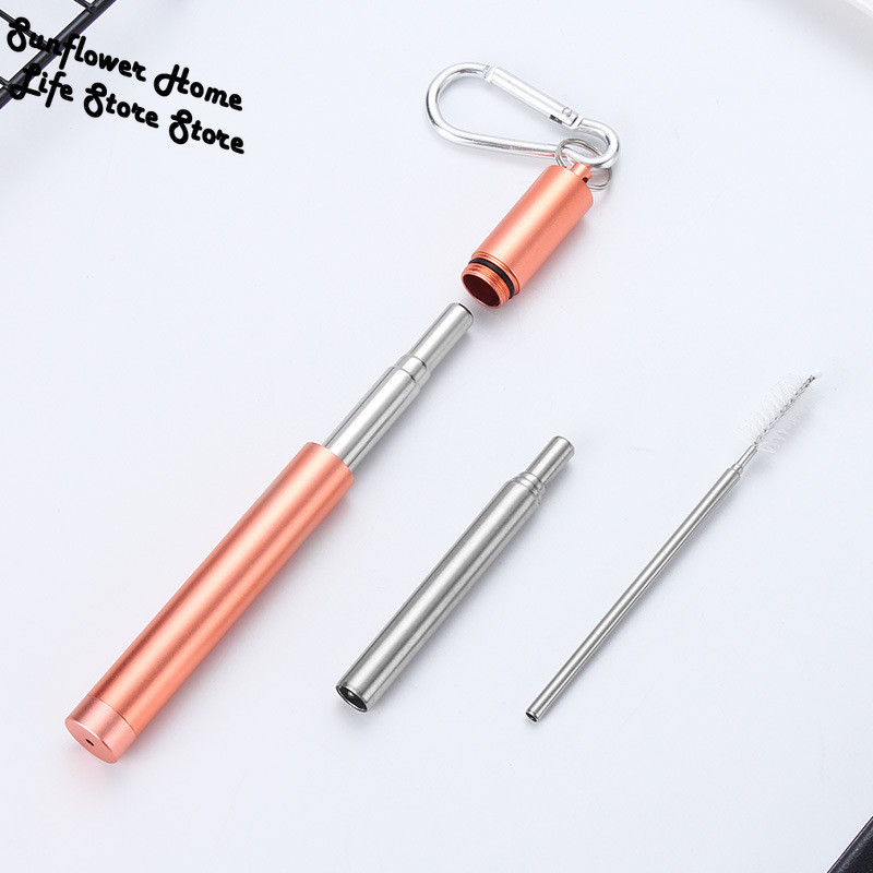 Сламки от неръждаема стомана за многократна употреба с алуминиев ключодържател Четка за почистване Сгъваема телескопична преносима пиене