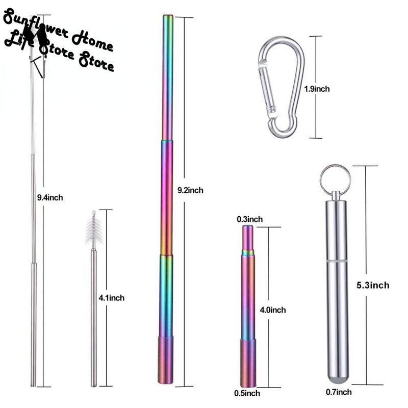 Сламки от неръждаема стомана за многократна употреба с алуминиев ключодържател Четка за почистване Сгъваема телескопична преносима пиене
