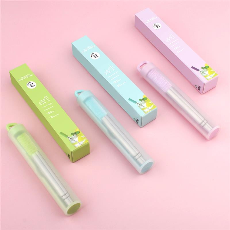 Телескопични многократни сламки за пиене Метални сламки от неръждаема стомана Комплект сгъваеми сламки с четка за почистване на кутията Сламка за къмпинг и пътуване