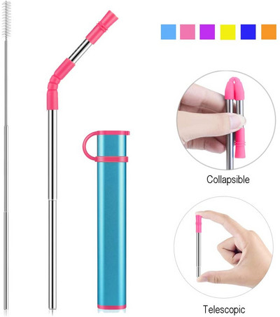 Paie reutilizabilă pliabilă Paie portabilă de băut din oțel inoxidabil cu carcasă, vârf de paie și perie de curățare pentru petrecere de călătorie acasă