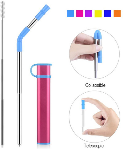 Paie reutilizabilă pliabilă Paie portabilă de băut din oțel inoxidabil cu carcasă, vârf de paie și perie de curățare pentru petrecere de călătorie acasă