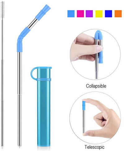 Paie reutilizabilă pliabilă Paie portabilă de băut din oțel inoxidabil cu carcasă, vârf de paie și perie de curățare pentru petrecere de călătorie acasă