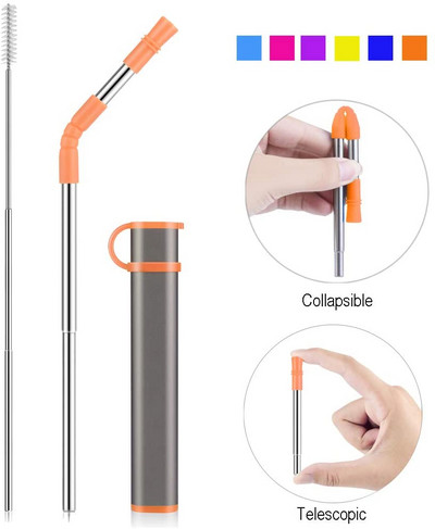 Paie reutilizabilă pliabilă Paie portabilă de băut din oțel inoxidabil cu carcasă, vârf de paie și perie de curățare pentru petrecere de călătorie acasă