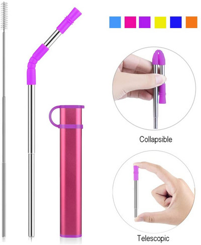 Paie reutilizabilă pliabilă Paie portabilă de băut din oțel inoxidabil cu carcasă, vârf de paie și perie de curățare pentru petrecere de călătorie acasă