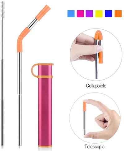 Paie reutilizabilă pliabilă Paie portabilă de băut din oțel inoxidabil cu carcasă, vârf de paie și perie de curățare pentru petrecere de călătorie acasă