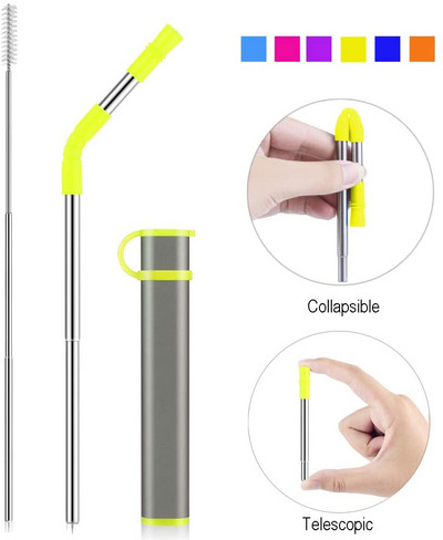 Paie reutilizabilă pliabilă Paie portabilă de băut din oțel inoxidabil cu carcasă, vârf de paie și perie de curățare pentru petrecere de călătorie acasă
