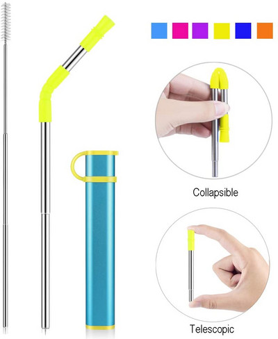Paie reutilizabilă pliabilă Paie portabilă de băut din oțel inoxidabil cu carcasă, vârf de paie și perie de curățare pentru petrecere de călătorie acasă
