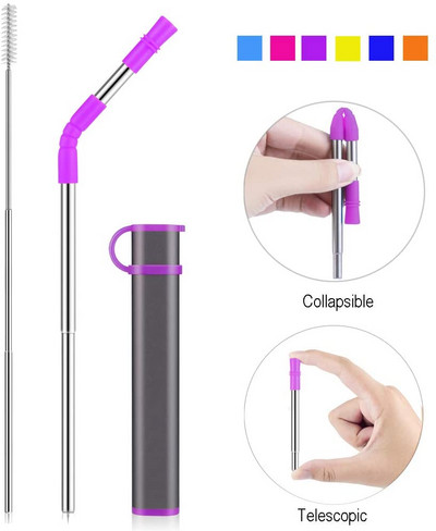 Paie reutilizabilă pliabilă Paie portabilă de băut din oțel inoxidabil cu carcasă, vârf de paie și perie de curățare pentru petrecere de călătorie acasă