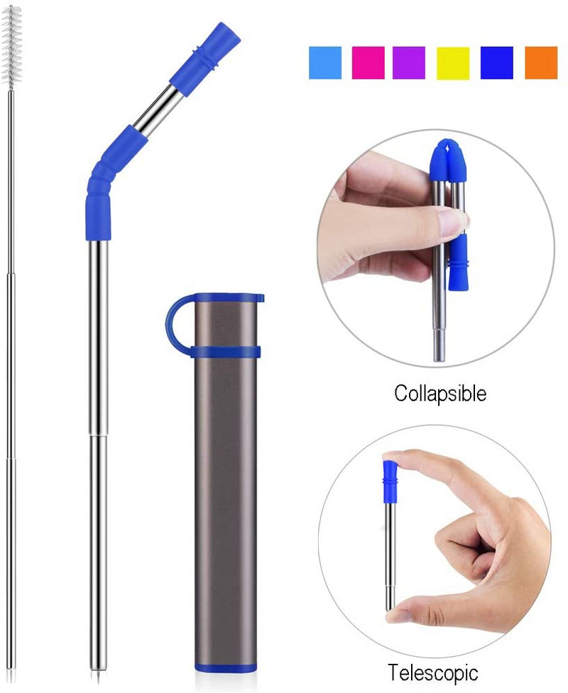 Paie reutilizabilă pliabilă Paie portabilă de băut din oțel inoxidabil cu carcasă, vârf de paie și perie de curățare pentru petrecere de călătorie acasă
